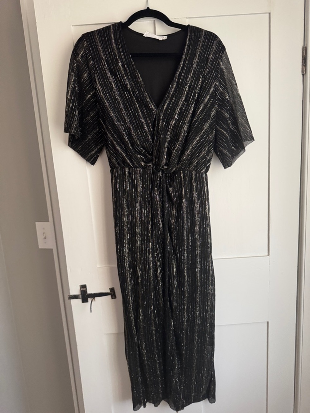 All in Favor Black Metallic Wrap Maxi Dress with Tie Waist